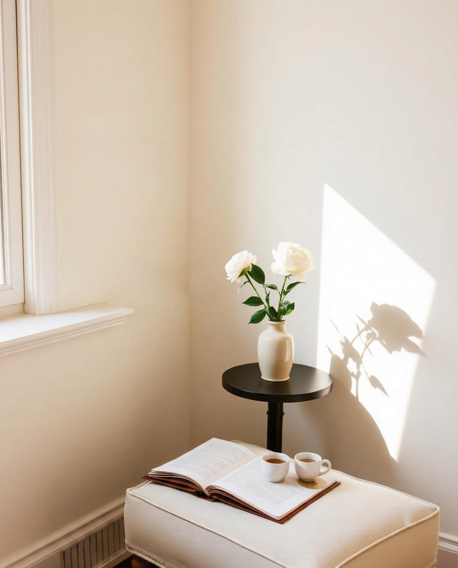 A quiet, sunlit corner with white peonies and an open notebook